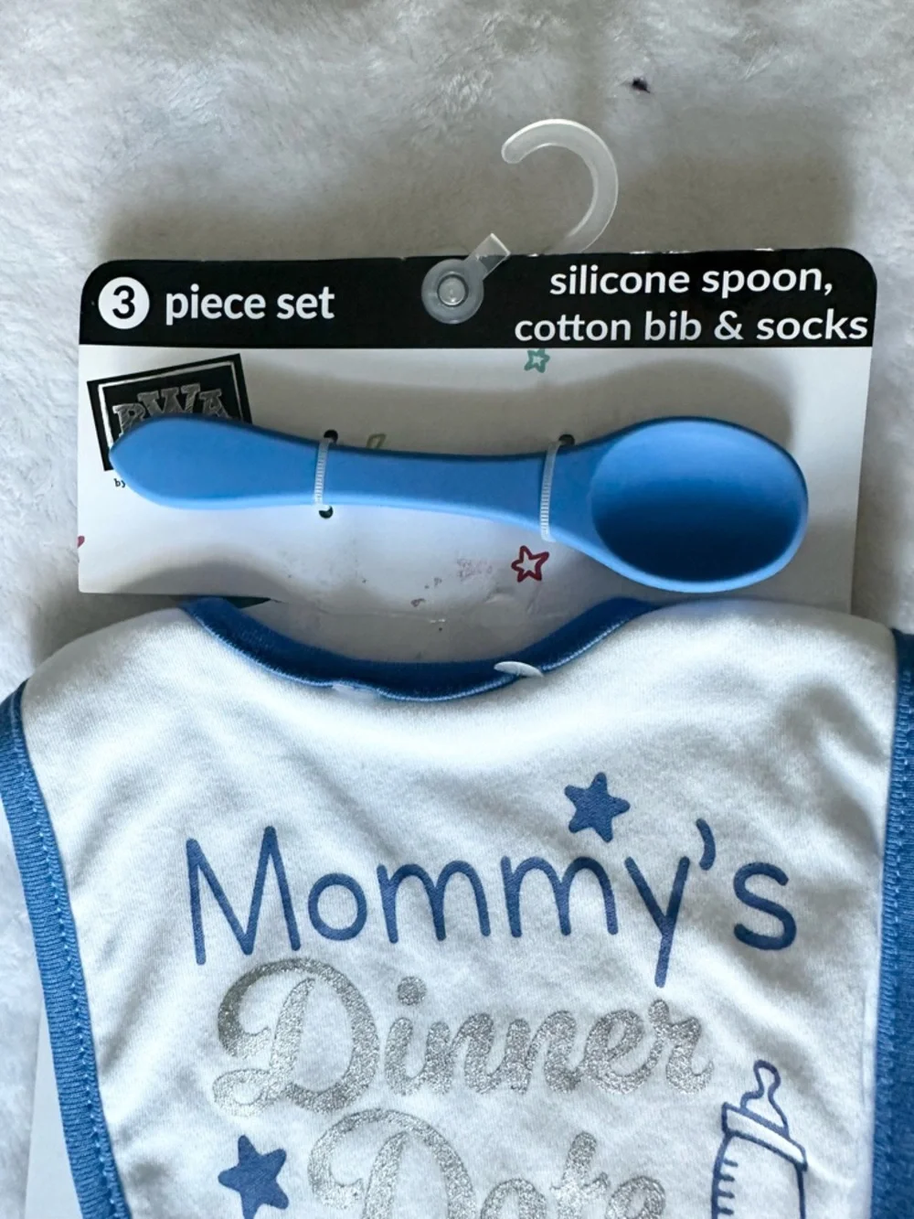 Blue 'Mommy's Dinner Date' Bib, Spoon & Socks Set